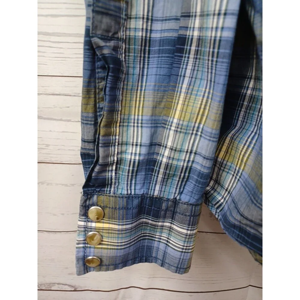 Wrangler American Cowboys Pearl Snaps Shirt Plaid Blue Long Sleeve XL